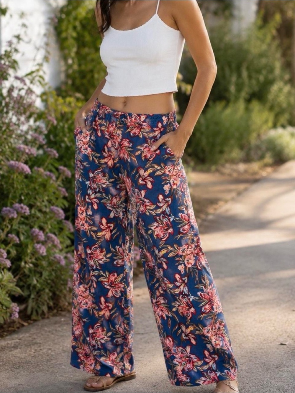 a new day Navy Floral Wide-Leg Pants with Pink Accents